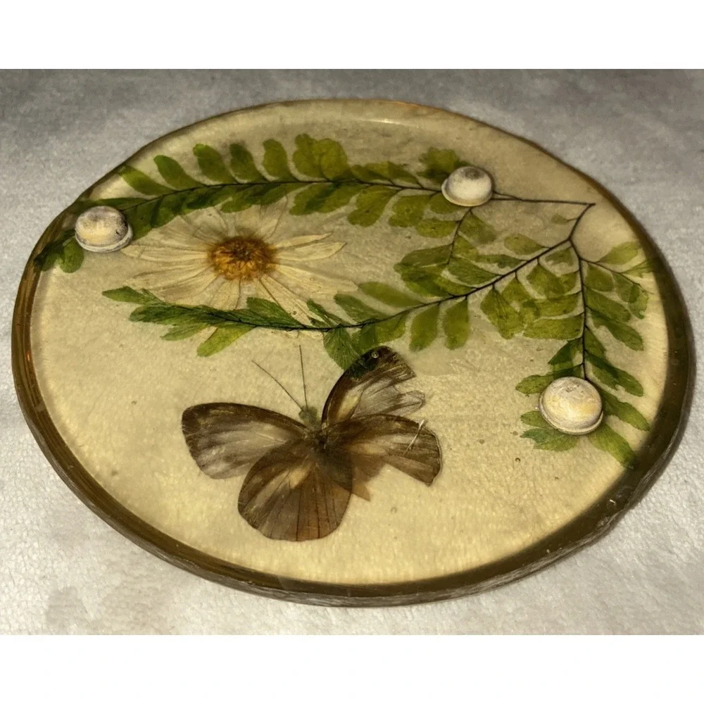 Lucite‎ Dry Daisy Ferns Butterfly Trivet Mid Century 1960s Vintage